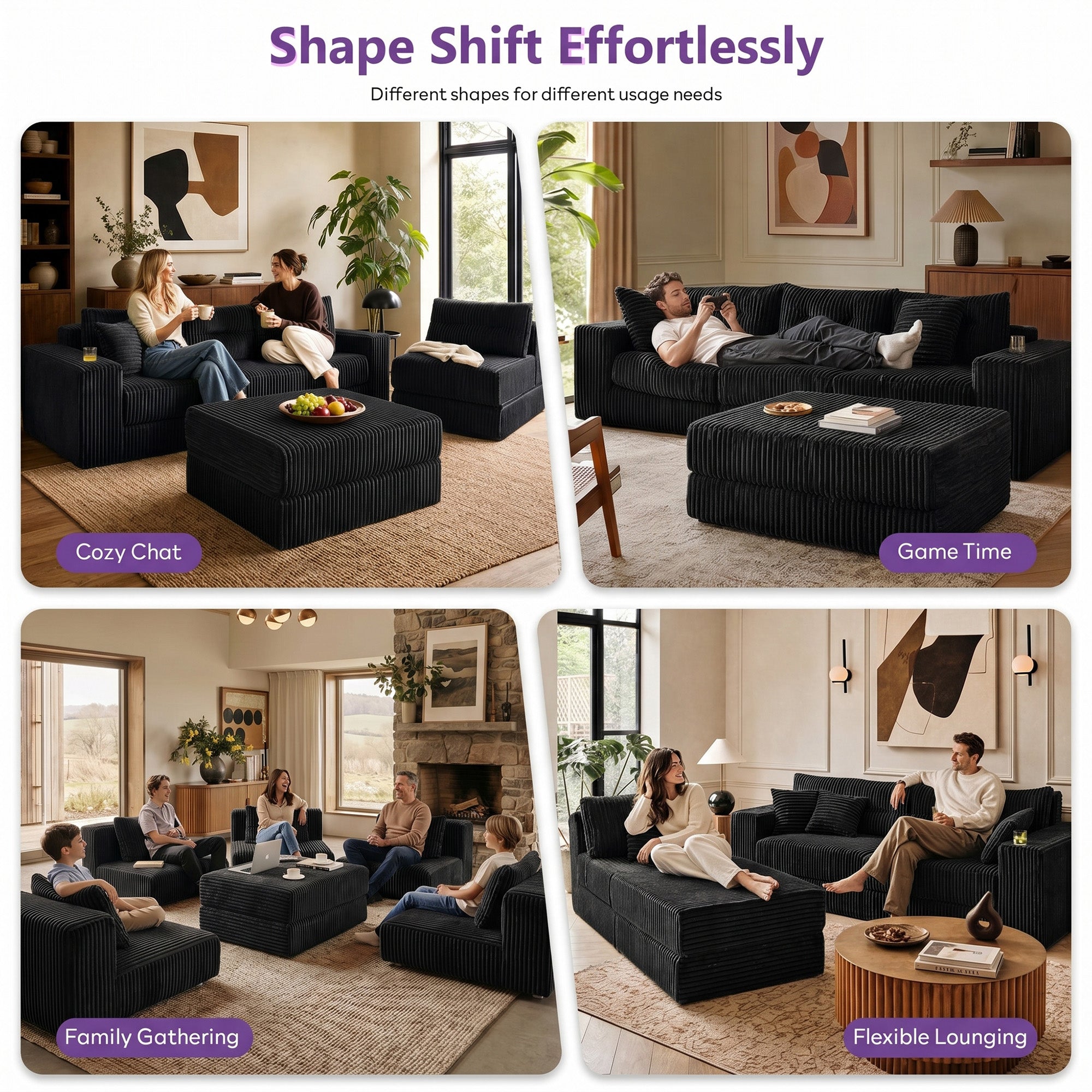 TYBOATLE Modular Sectional Sofa Couch, Corduroy Cloud Boneless Foam Couch with Deep Seats & Cup Holder, Modern Comfy Sleeper Sofa with L-Shape Chaise, No Assembly (Black)