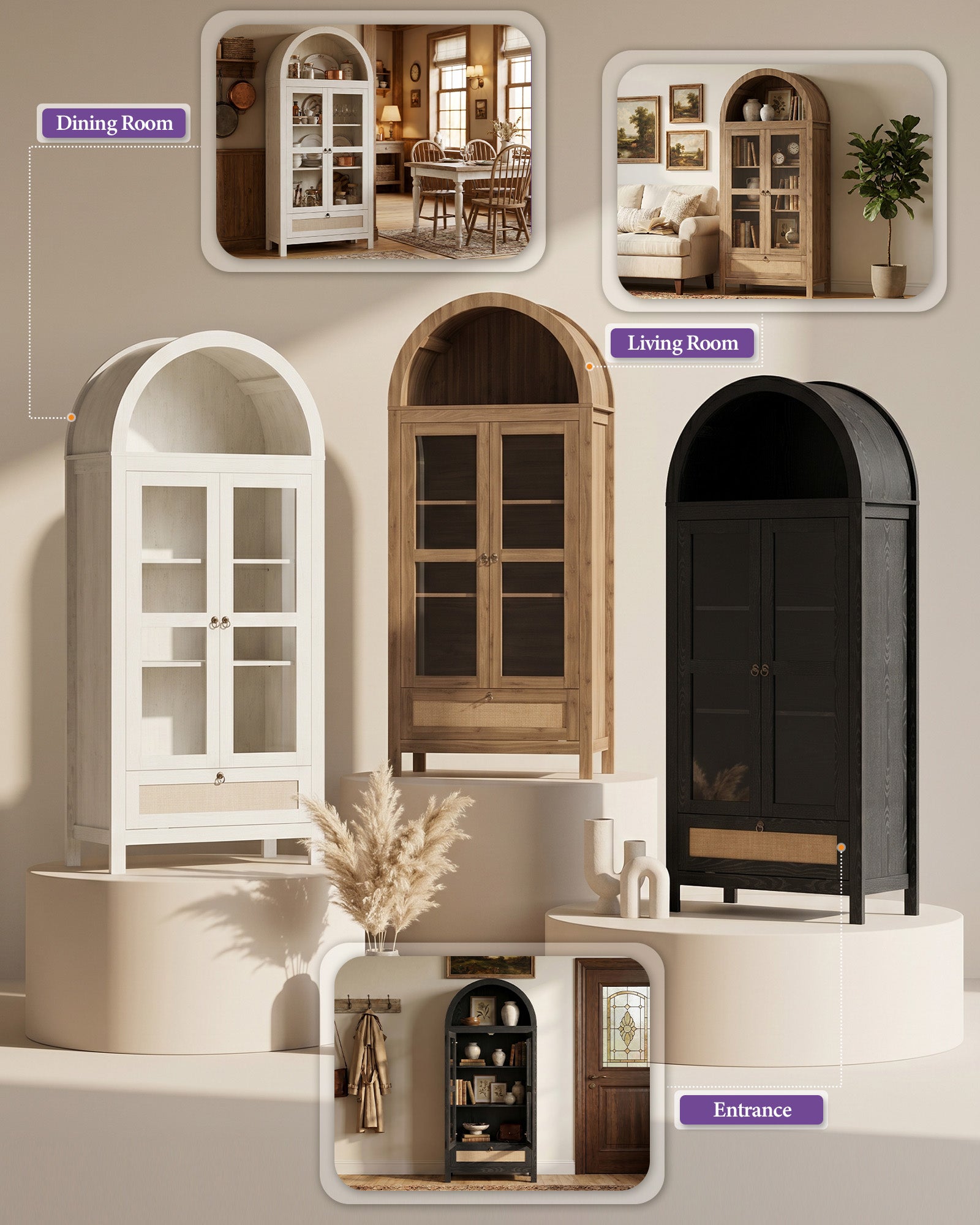 71'' Arched Pantry Cabinet, Arch Storage Cabinet w/Glass Door for Kitchen | Storage Cabinet with Innovative Drawer, Anti-Tip Device, Versatile Cupboard for Dining Room, Bathroom, Lobby, White