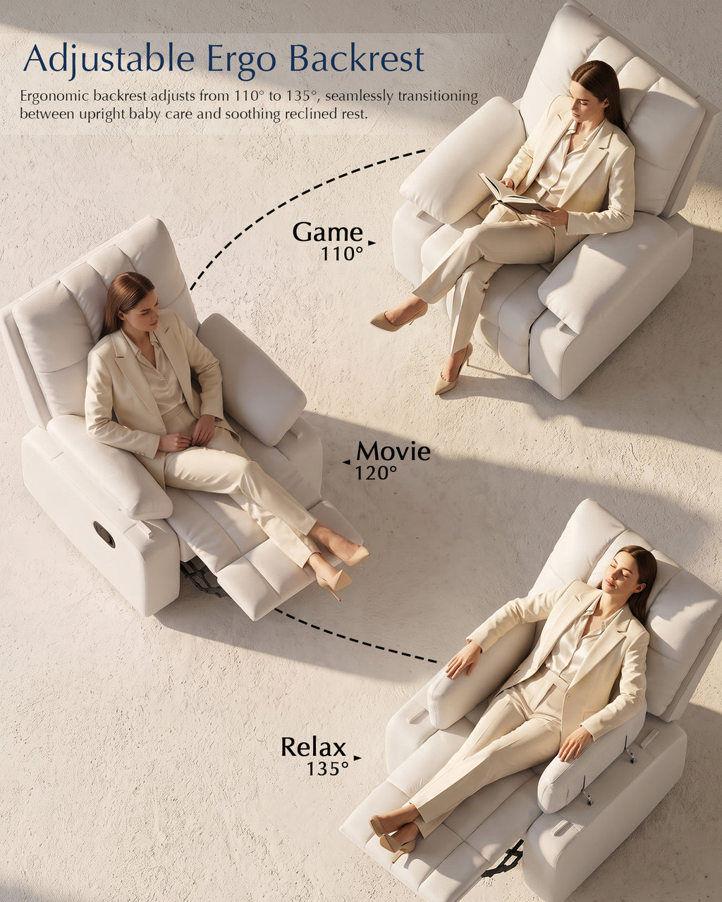 AODAILIHB  Recliner Chair w/Adjustable Armrests for Adults 360° Swivel, 30° Rocker, 135° Recline, Comfy White Leather Nursing Reclining Sofa Chair for Living Room, RV