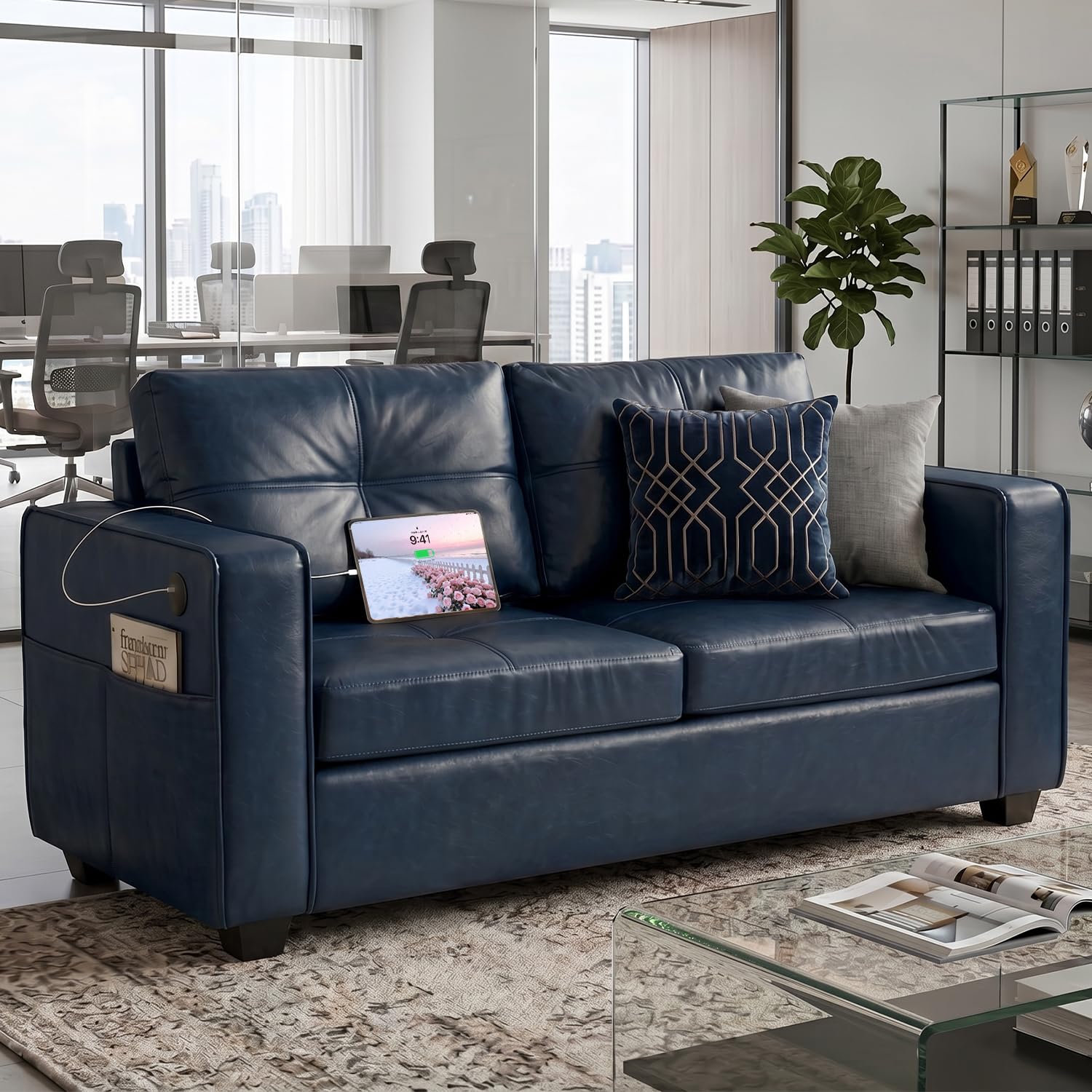 TYBOATLE 65" Faux Leather Loveseat for Bedroom, Mid-Century Modern Tufted Comfy Loveseat w/USB Charging Ports and Wide Arms, 2 Seat Office Small Couch, Blue