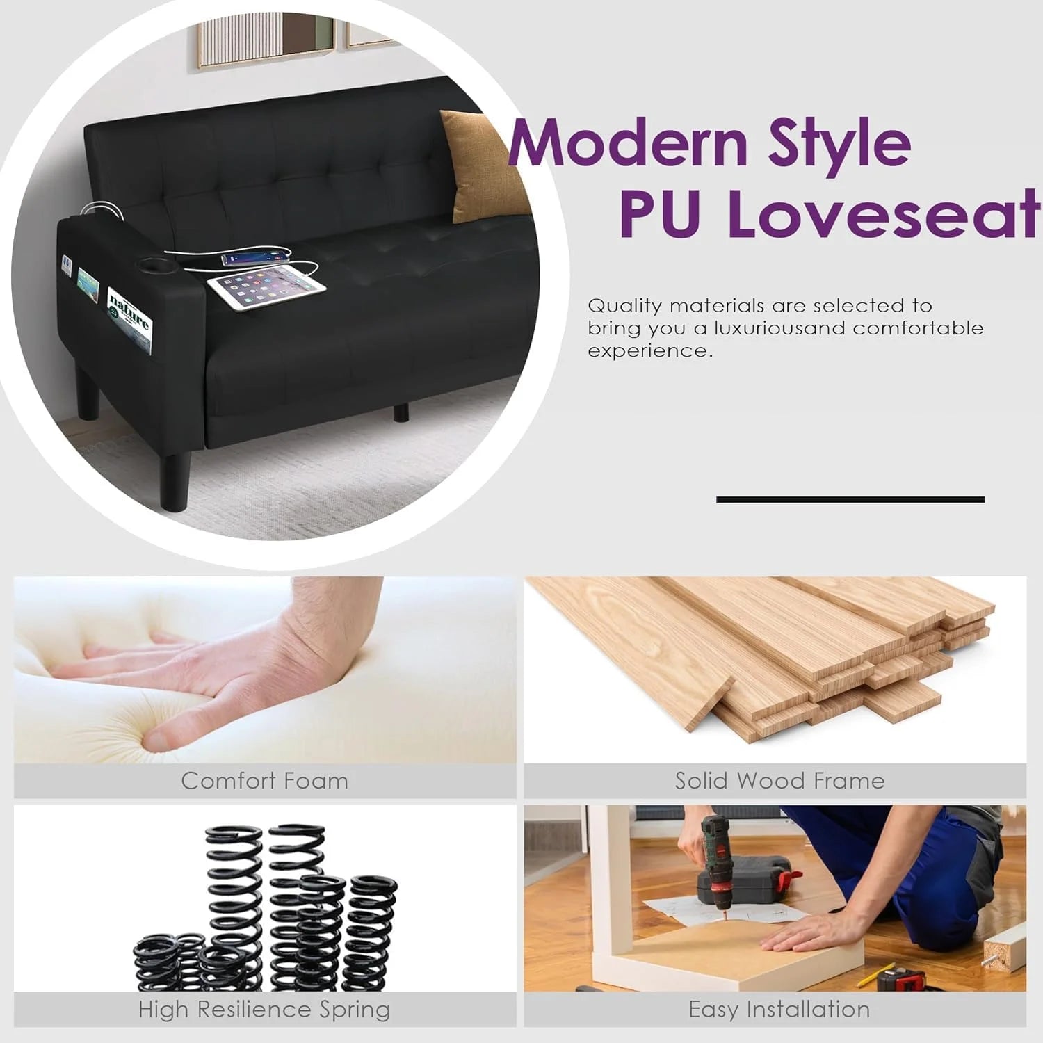 LAZZO 62" Mid-Century Modern Loveseat Sofa, Faux Leather Tufted Compact Couch with USB Ports & Cupholders, Black