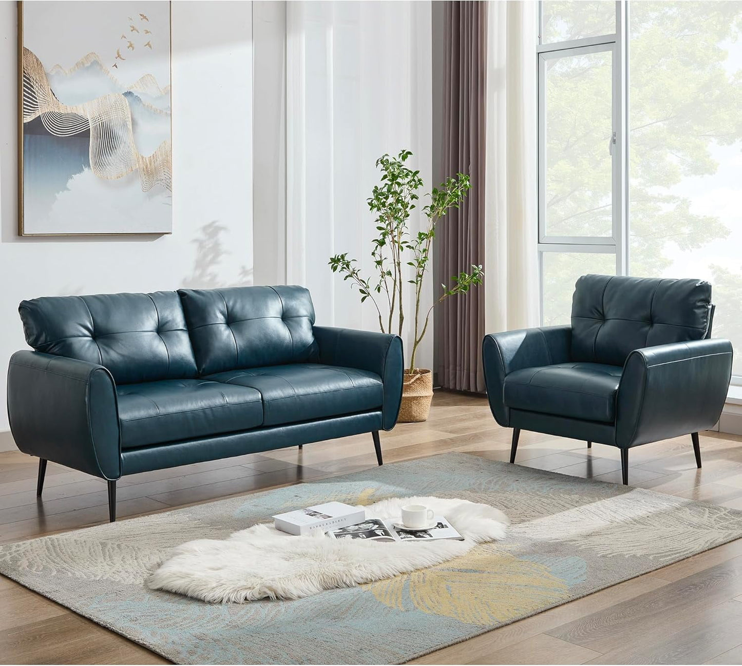 AODAILIHB 61" Mini Leather Arm Couch Set of 2, 2 Seater Modern L-Shaped Sofa, Mid Century Modern Small Comfy Loveseat Sofa for Living Room, Bedroom, Office（2，Blue）