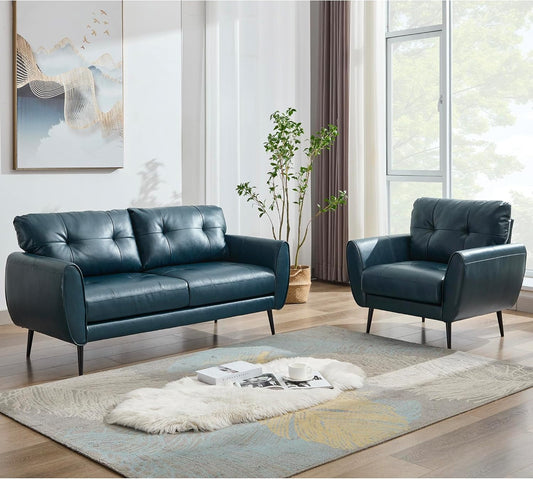 AODAILIHB 61" Mini Leather Arm Couch Set of 2, 2 Seater Modern L-Shaped Sofa, Mid Century Modern Small Comfy Loveseat Sofa for Living Room, Bedroom, Office（2，Blue）