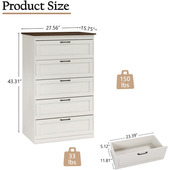 LAZZO 5-Drawer Dresser, Farmhouse Rustic Wood Chest of Drawers, Wide Storage Organizer for Bedroom, Living Room, Entryway, White