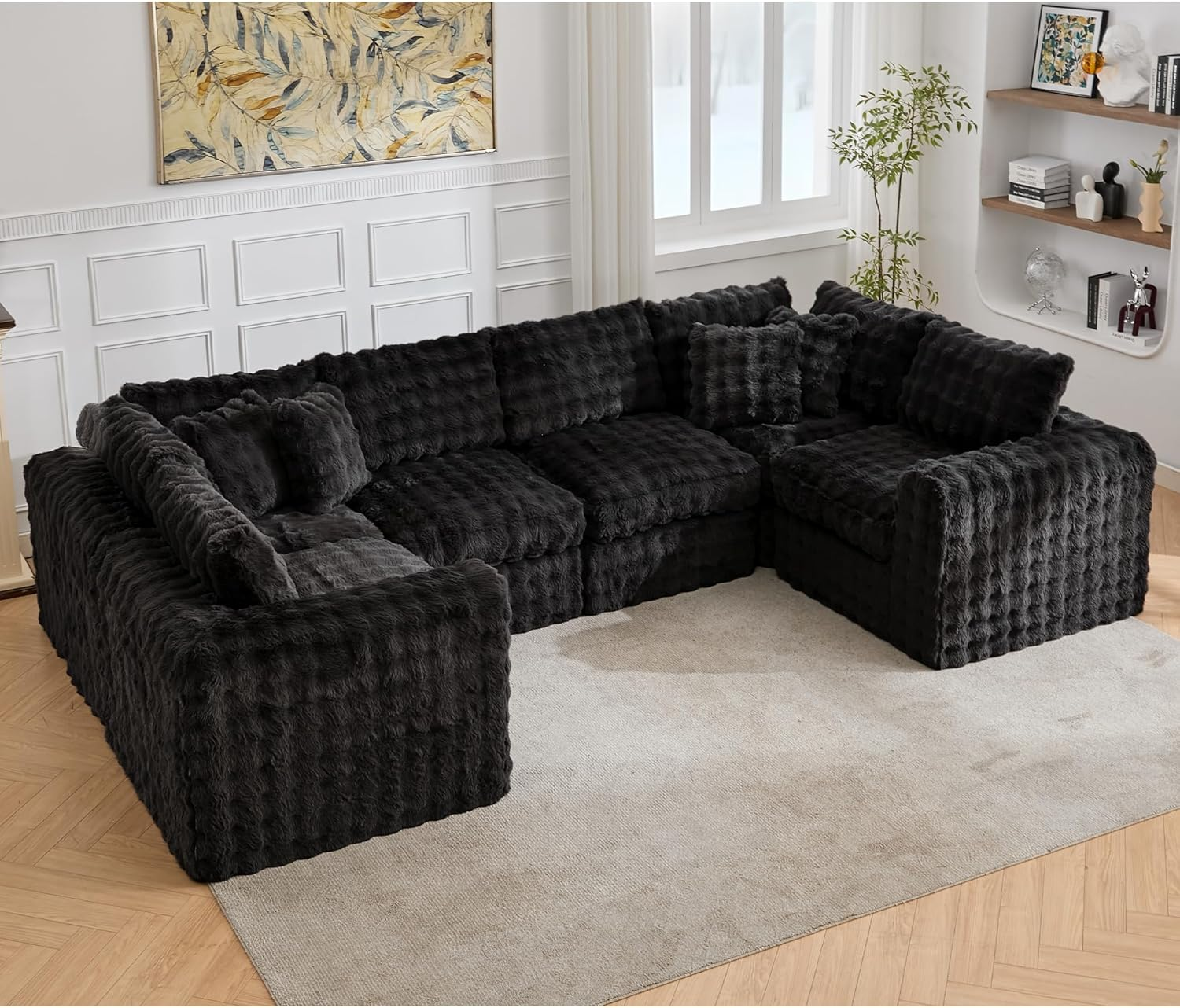 TYBOATLE 135’’ Boneless Slow-Rebound Memory Foam Couch, Cloud Sectional Couches for Living Room w/Upgraded Fabric, Deep Seat Comfy Fluffy U Shaped Modular Sectional Sofa w/Chaise (Black, 6U)