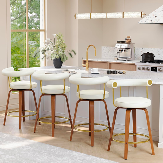 TYBOATLE Swivel Bar Stools Set of 4, 26” Counter Height Bar Stools with Bent Wood Legs and Back, Mid-Century Modern Faux Leather Bar Chairs Island Barstools for Kitchen (4, White)