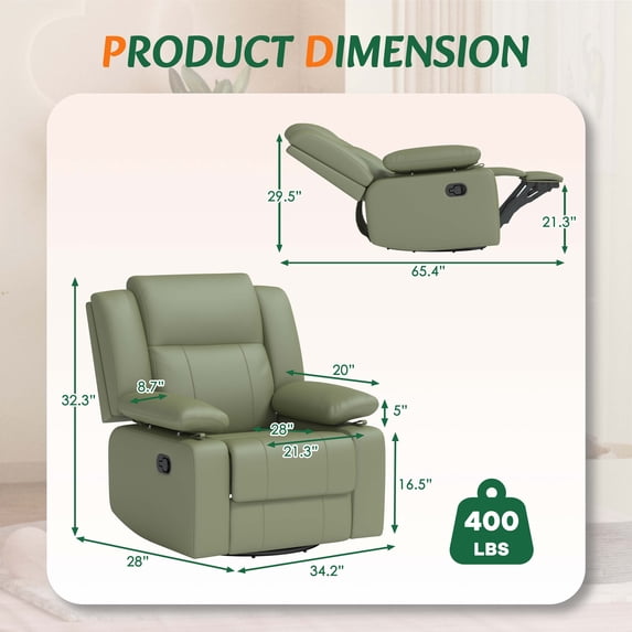 LAZZO Recliner Chair with Adjustable Armrest and Headrest, Upholstered Swivel Rocking Chair for Nursery & Living Room, Green