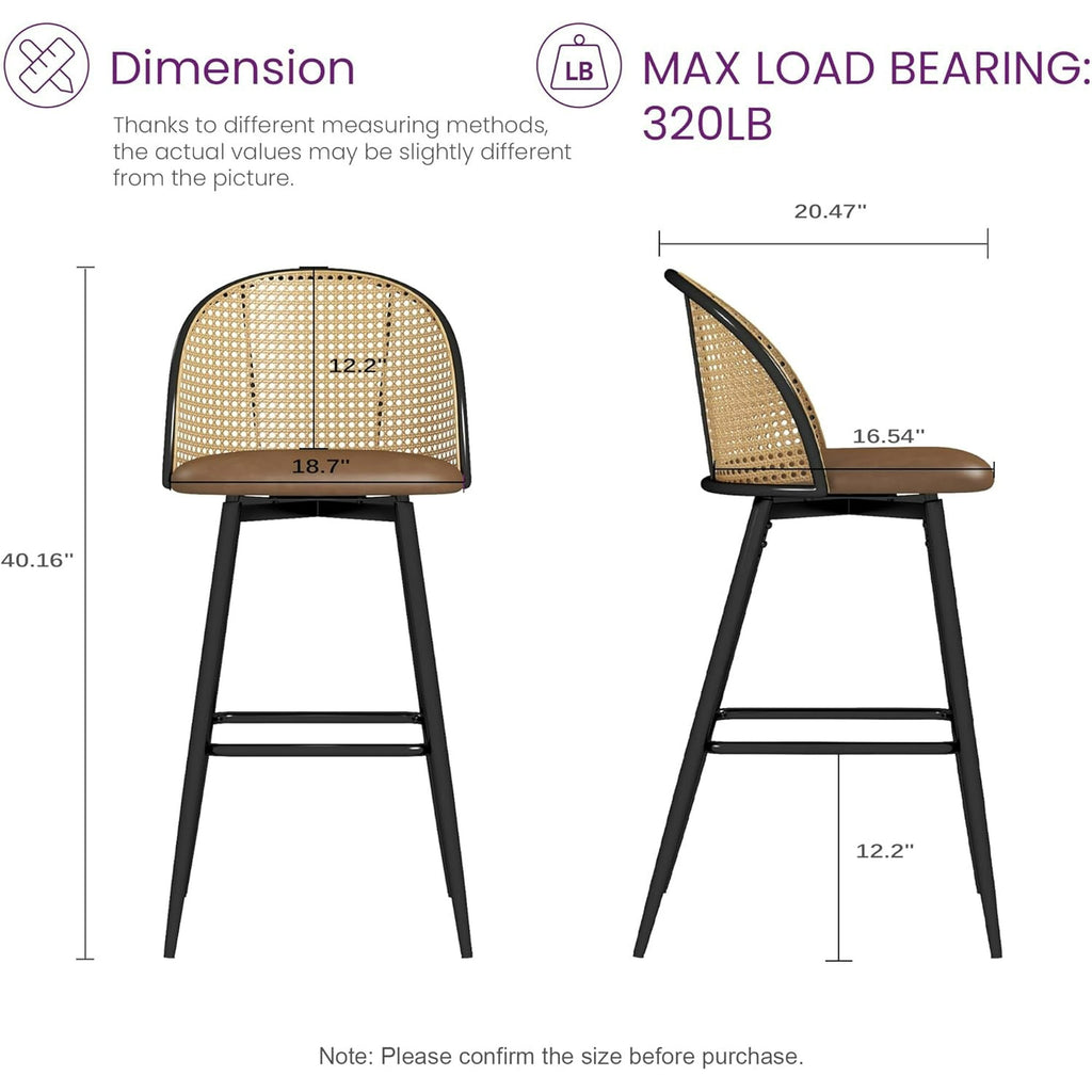 LAZZO 29” Swivel Bar Stools Set of 2, Boho Rattan Counter Height Bar Chairs for Kitchen Island, Brown