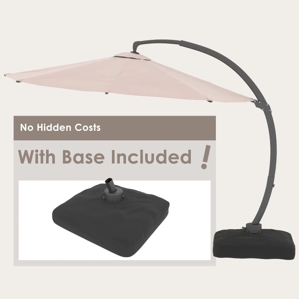 LAZZO 11FT Patio Umbrella with Solar LED Light and Base, Outdoor Deluxe Cantilever Cantilever Umbrella for Patio Pool Deck, Champagne