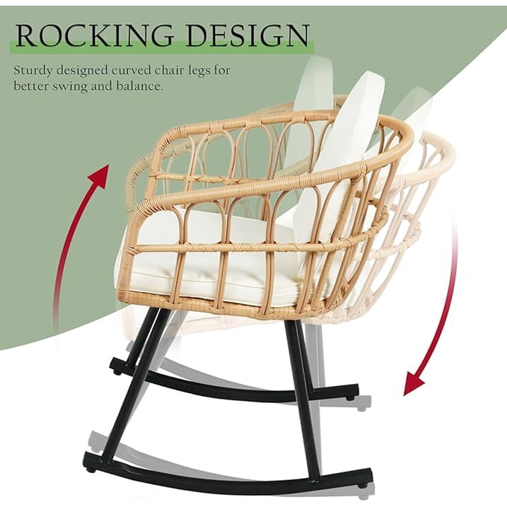 LAZZO 3 Pieces Outdoor Rocking Chairs Set, Patio Wicker Rattan Bistro Set with Cushions for Balcony Garden Porch