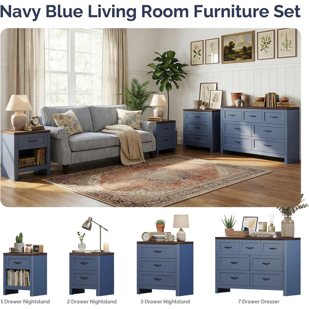 LAZZO Nightstand Set of 2, Farmhouse Wooden Bedside Table with 2 Drawers, Storage End Side Table for Bedroom, Blue
