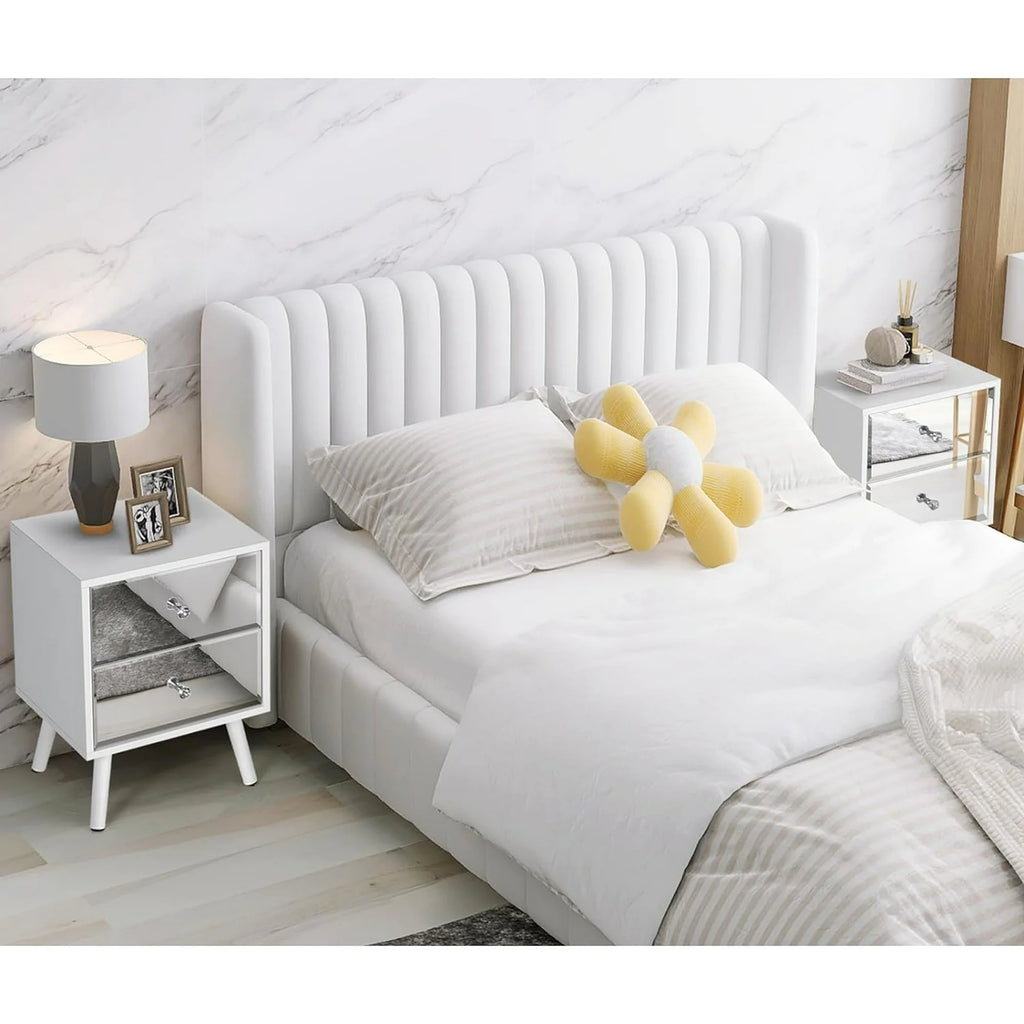 LAZZO Mirrored Nightstand Set of 2, Modern White 2-Drawer Bedside Table for Bedroom and Living Room