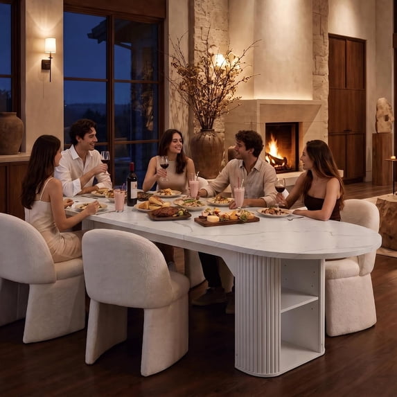 LAZZO Round Extendable Dining Table, 71"-87" Oval Wooden Kitchen Table for 4-8, White