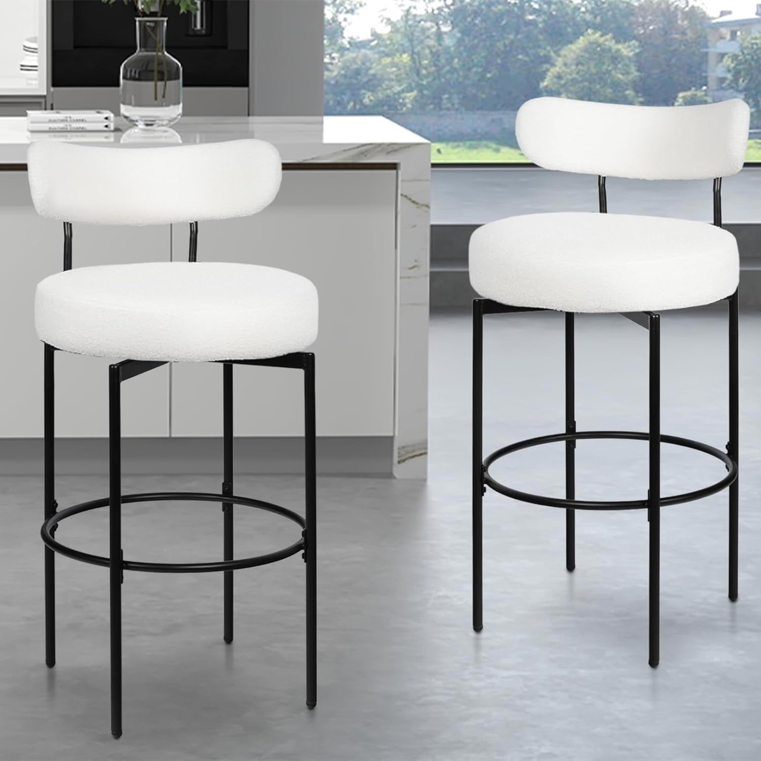 AODAILIHB 360° Swivel Upholstered Barstools set of 2, Bar Height Swivel Bar Stools with Back, High Bar Chairs Island Stools for Kitchen Counter, White