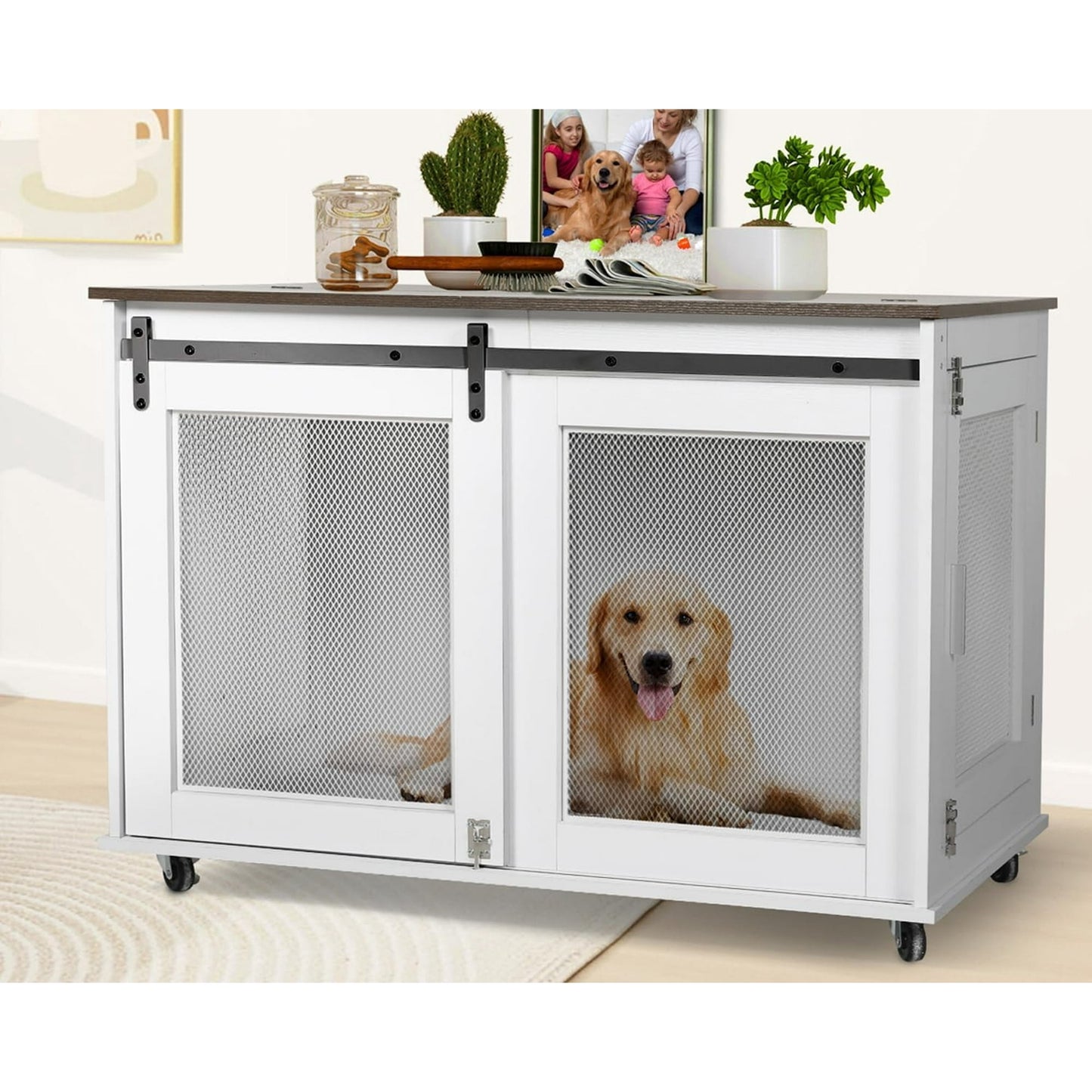 AODAILIHB 40" Wood Heavy Duty Dog Crate，Indoor Dog Kennel Furniture with Sliding Doors, Wheeled Pet Furniture for Large Medium Dogs