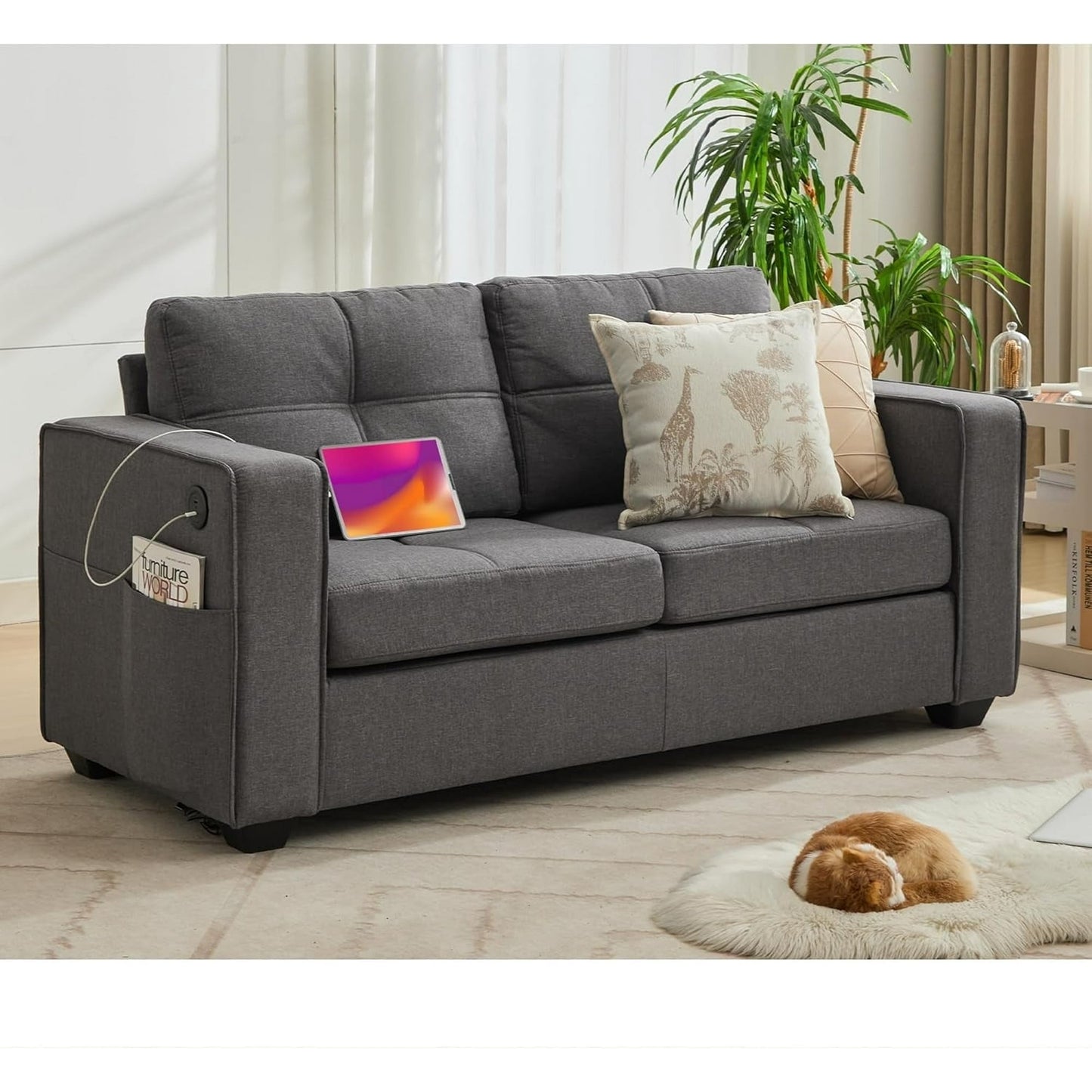 AODAILIHB 65" W Linen Fabric 2-Seat Sofa, Modern Love Seat Upholstered Couch with 2 USB Charging Ports and Stowage Pocket