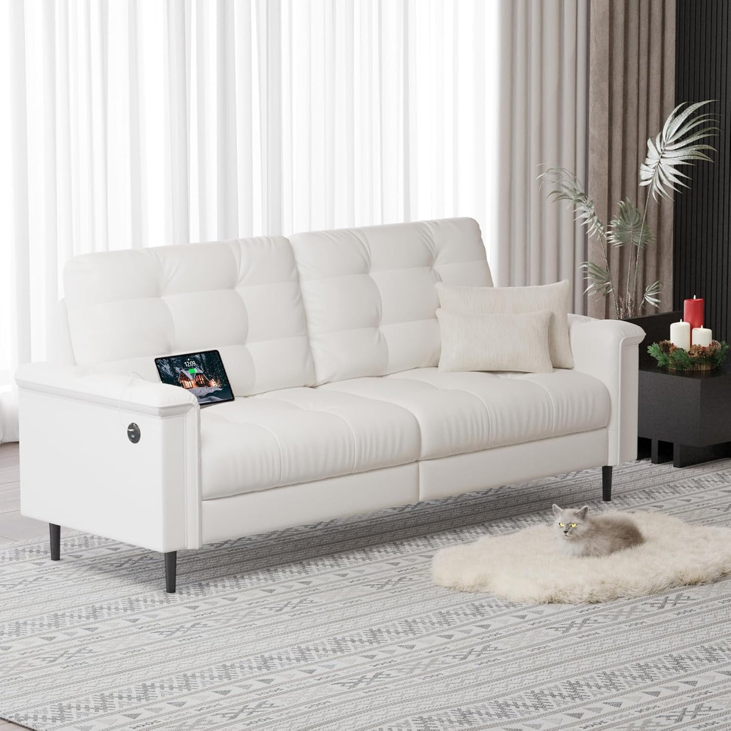 AODAILIHB 85"W 2 Seat Sofa, Faux Leather Loveseat Sofa Couch w/USB and Wide Arms for Office, Living Room, Dorm, White