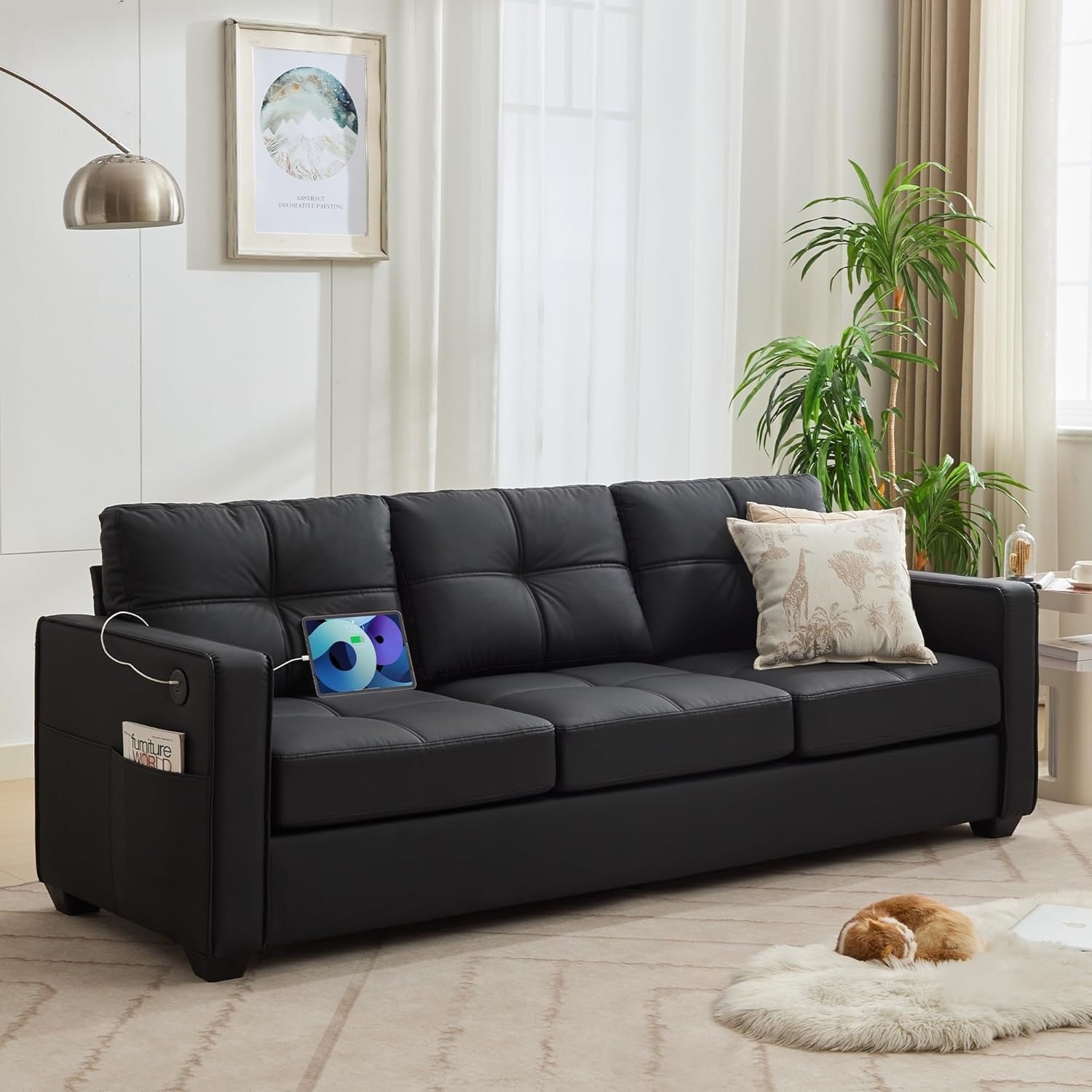 TYBOATLE 88" W Faux Leather Couch for Living Room w/Side Pockets, Mid-Century Modern Tufted Comfy Faux Leather Couches w/USB and Wider Arms, 3 Seater Sofa for Office, Apartment, Bedroom, Black