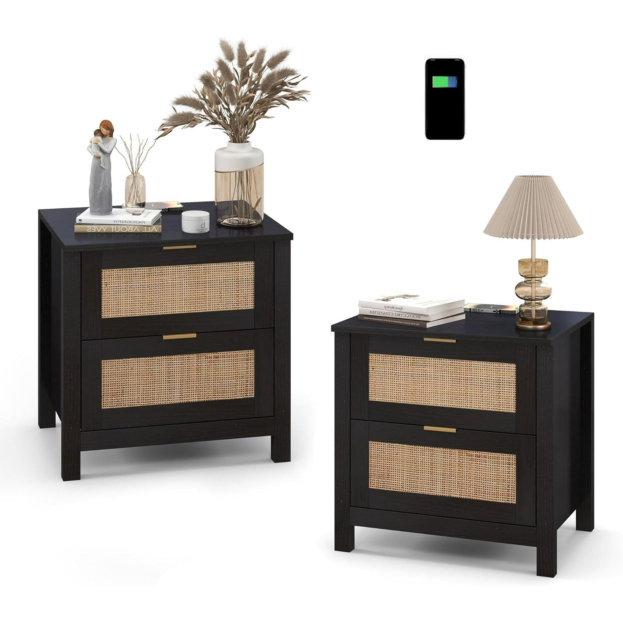 AODAILIHB Accent Bed Side Table, Rattan Night Stands Decor Drawer set of 2, Natural Wood Side Table with Wireless Charging Station, Black