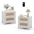 AODAILIHB Accent Bed Side Table, Rattan Night Stands Decor Drawer set of 2, Natural Wood Side Table with Wireless Charging Station, White