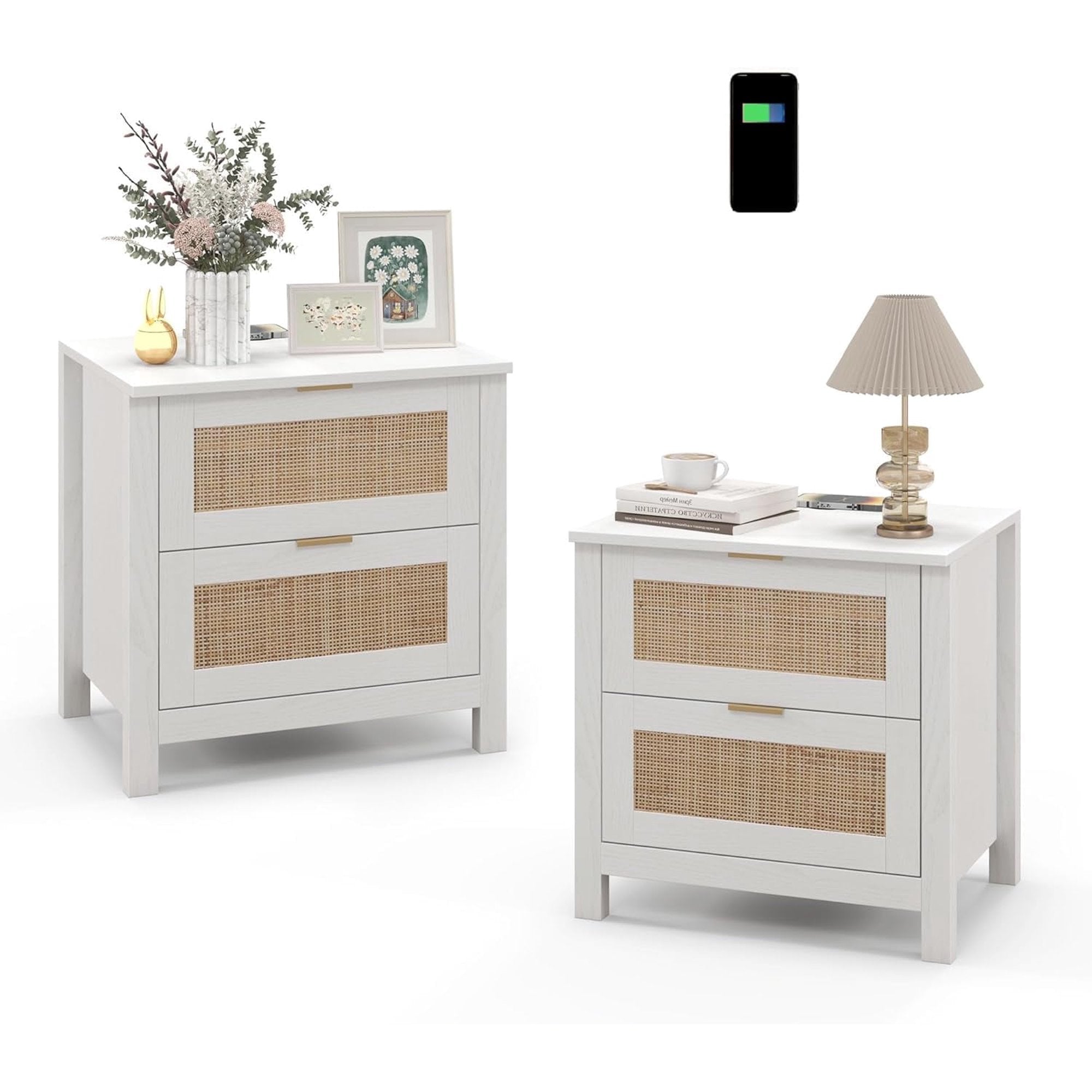 AODAILIHB Accent Bed Side Table, Rattan Night Stands Decor Drawer set of 2, Natural Wood Side Table with Wireless Charging Station, White