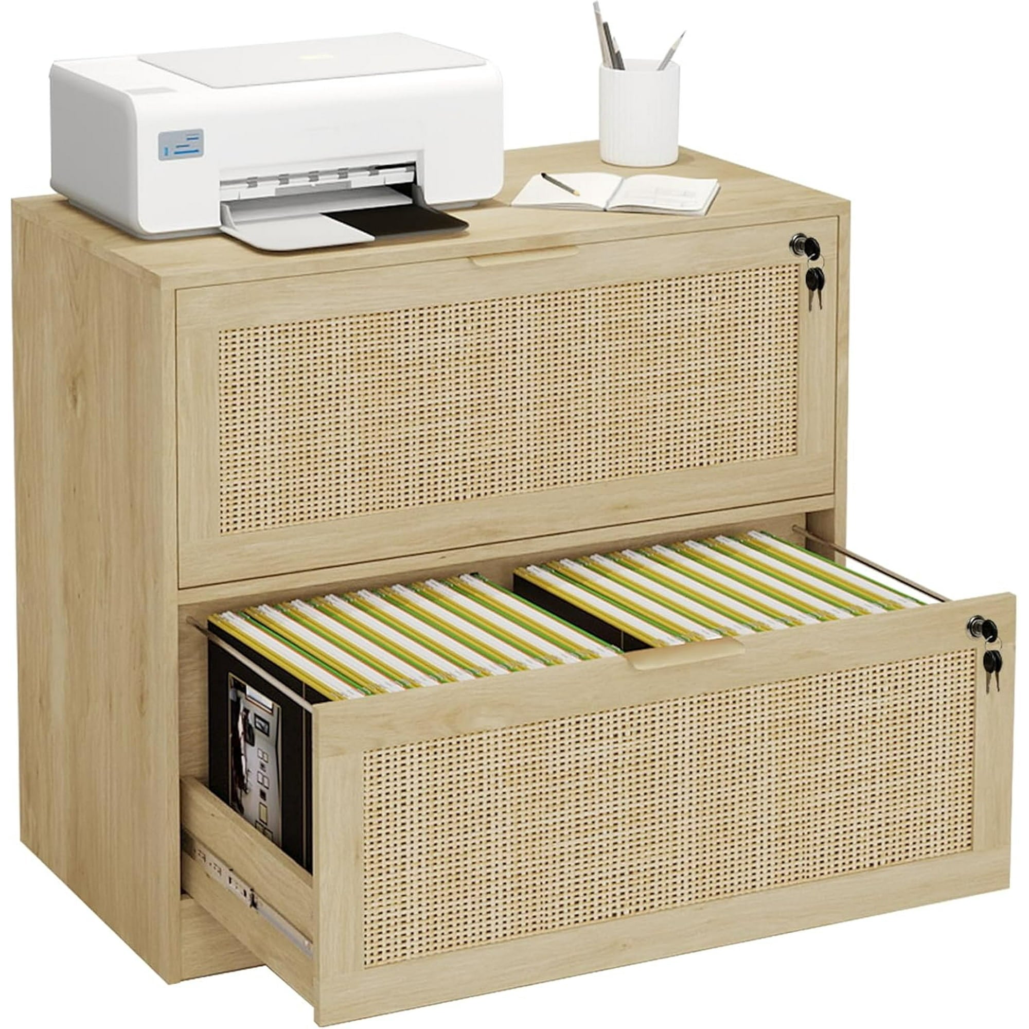 AODAILIHB File Storage Cabinet, Under Desk 2-Drawer File Cabinet, Locking Wooden Rattan File Cabinet