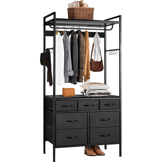 AODAILIHB Freestanding Garment Rack with 4 Drawers，Heavy Duty Standing Adjustable Clothing Rack，Multi-Functional Closet Rack with Large Storage Space，Black