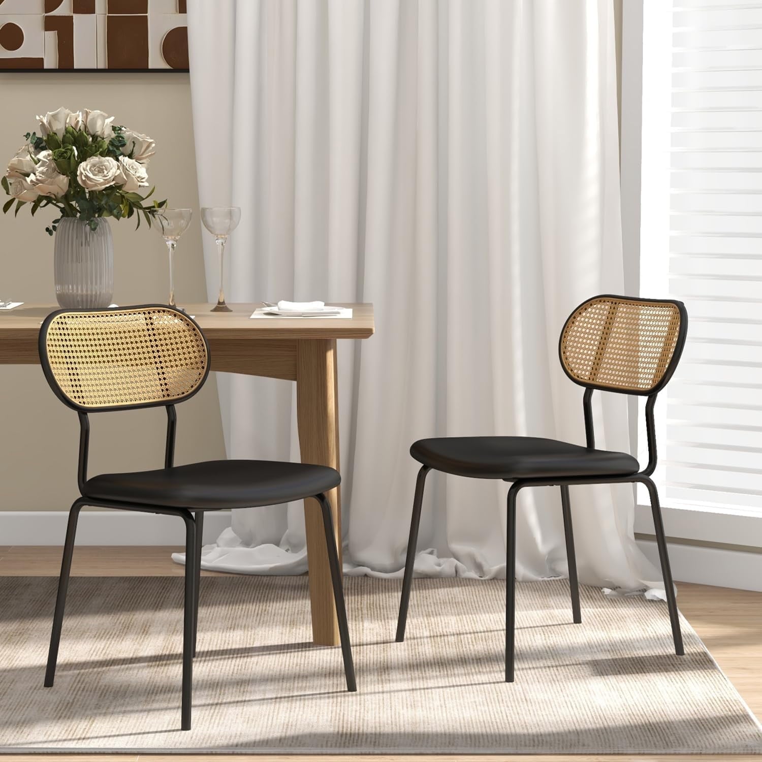 AODAILIHB Kitchen Chairs set of 2, Upholstered Dining Armless Chairs, French Country Cane Back Chairs, Black