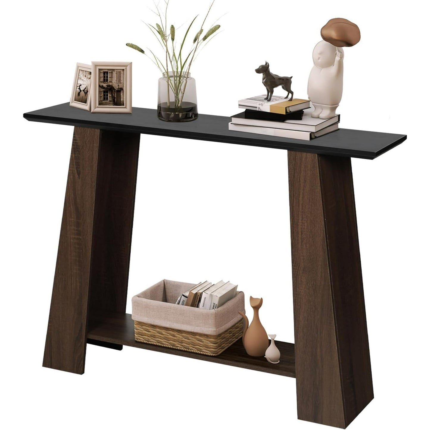 AODAILIHB 2-Tier Small Entryway Table with Open Storage Shelf，Industrial Long Console Table, Black Marble & Brown