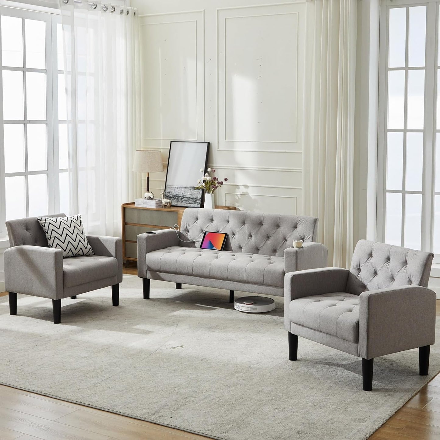 AODAILIHB Upholstered Sofa Set, Living Room Tufted Sofa Chair with USB and 2 Cupholders, Light Gray