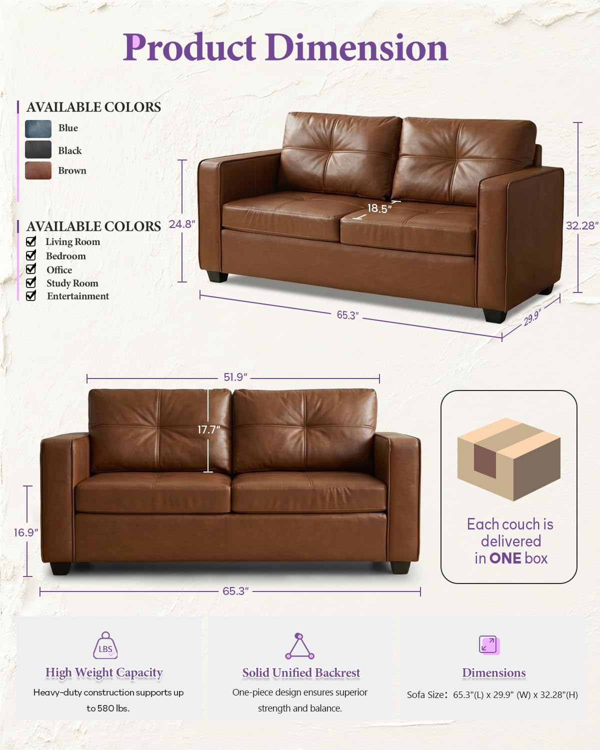 TYBOATLE 65'' Brown Faux Leather Loveseat with USB, 2-Seater Living Room
