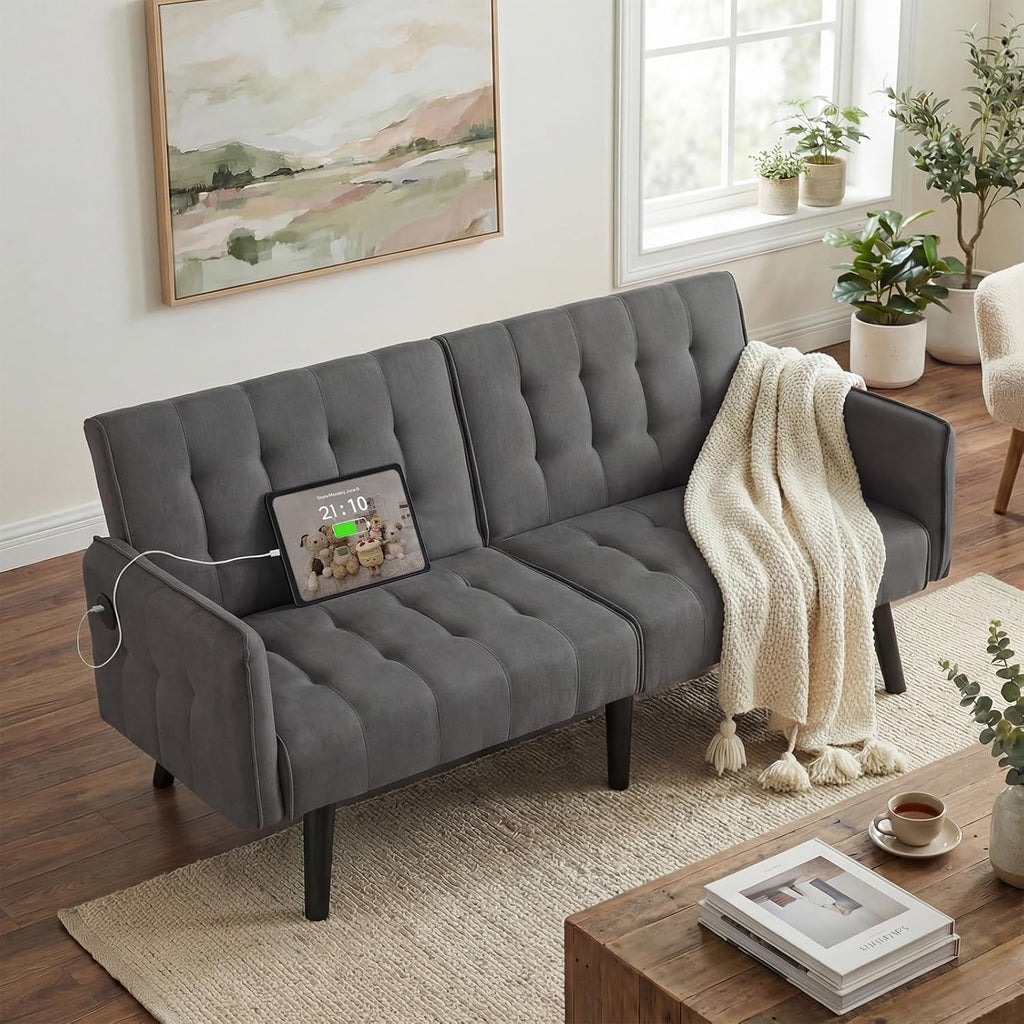 TYBOATLE 65'' Convertible Futon Sofa Bed with USB, Small Couch for Living Room