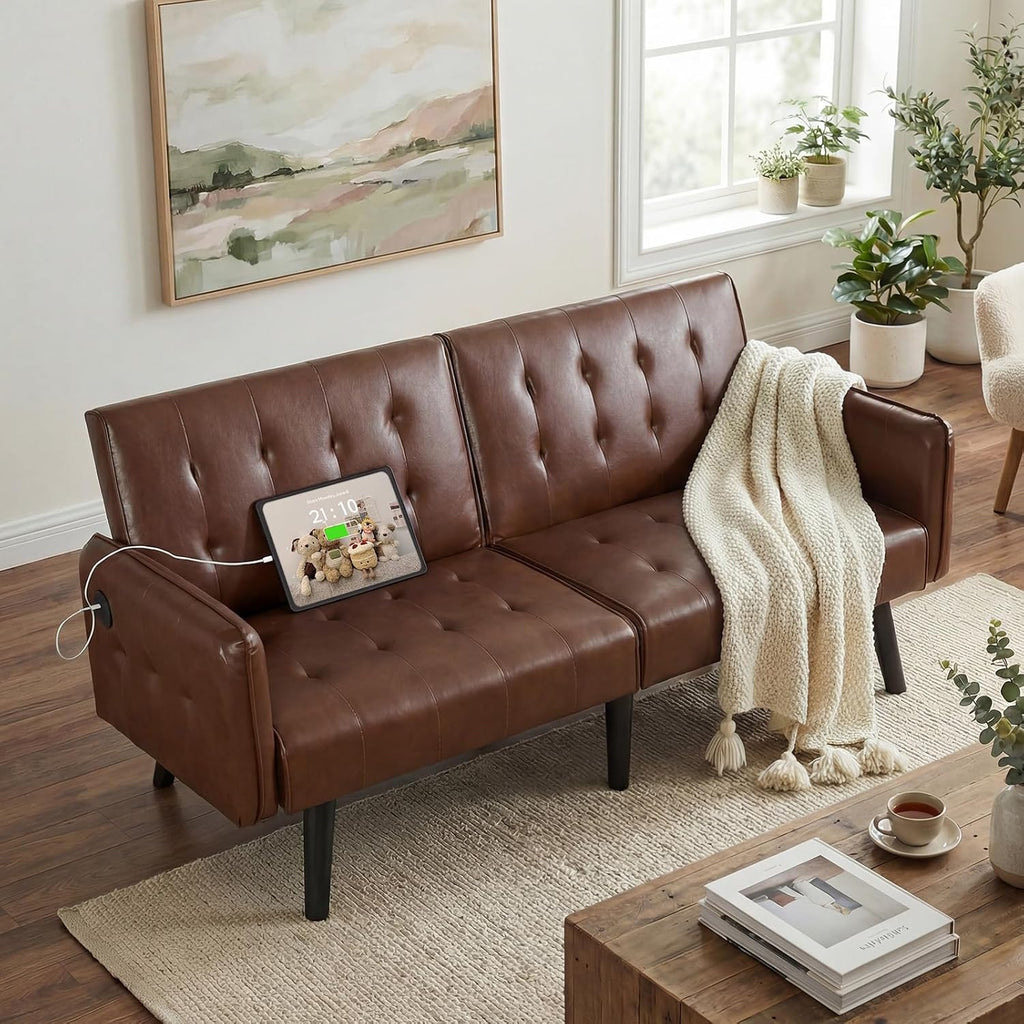 TYBOATLE 65'' Convertible Futon Sofa Bed with USB, Small Couch for Living Room