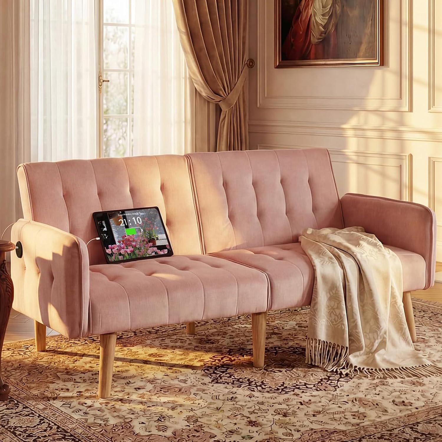 TYBOATLE 65'' Convertible Futon Sofa Bed with USB, Small Couch for Living Room