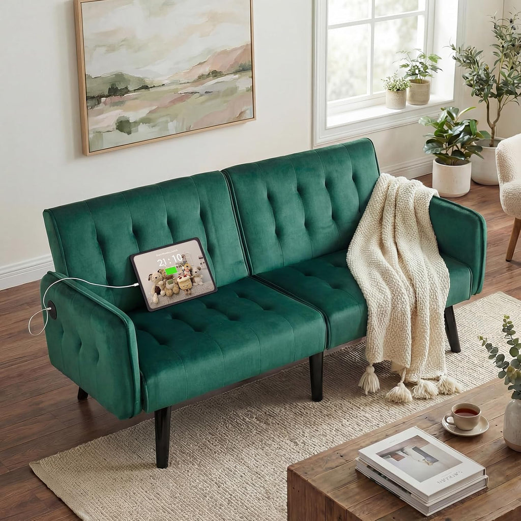 TYBOATLE 65'' Convertible Futon Sofa Bed with USB, Small Couch for Living Room