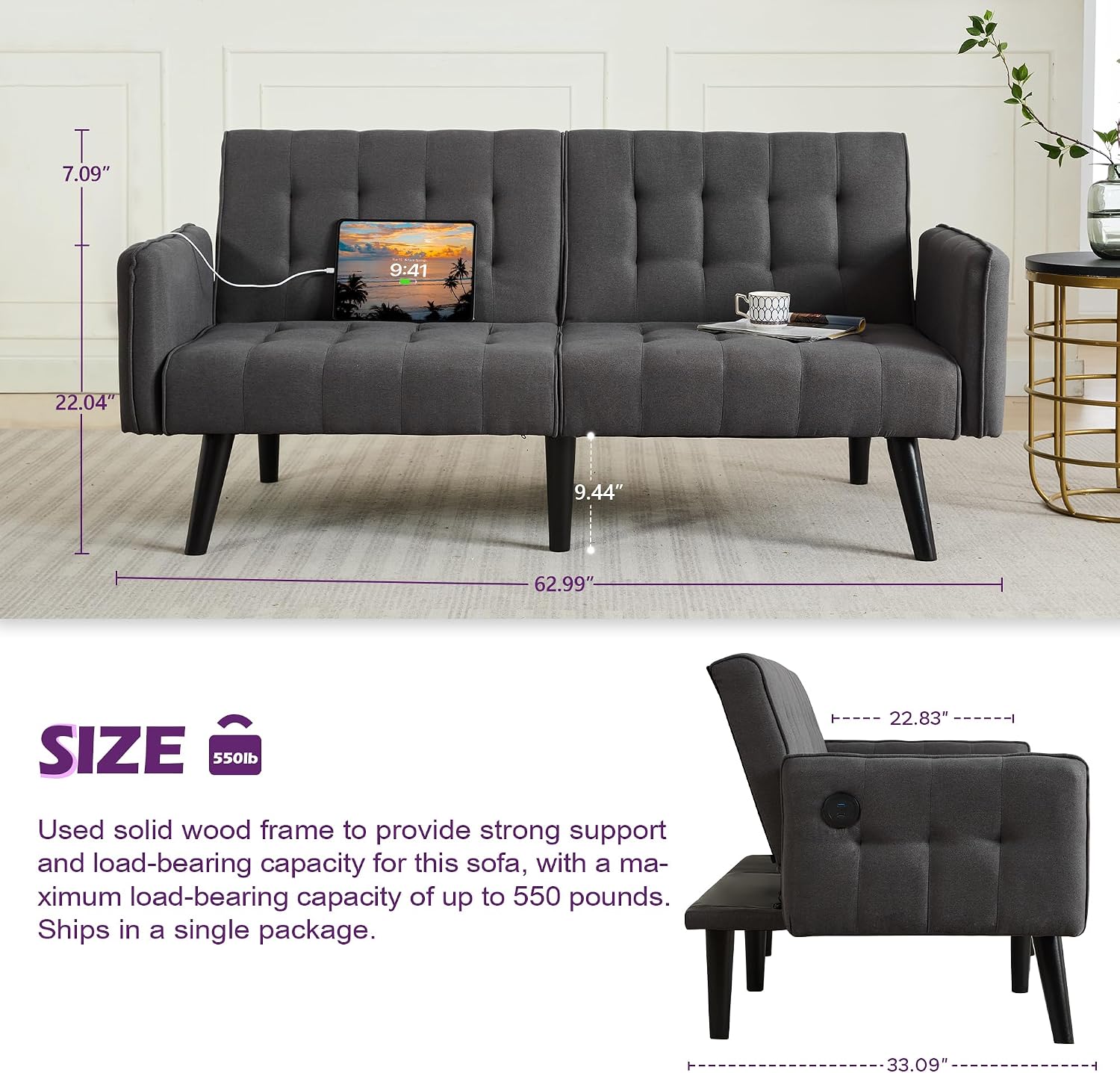 TYBOATLE 65'' Convertible Futon Sofa Bed with USB, Small Couch for Living Room