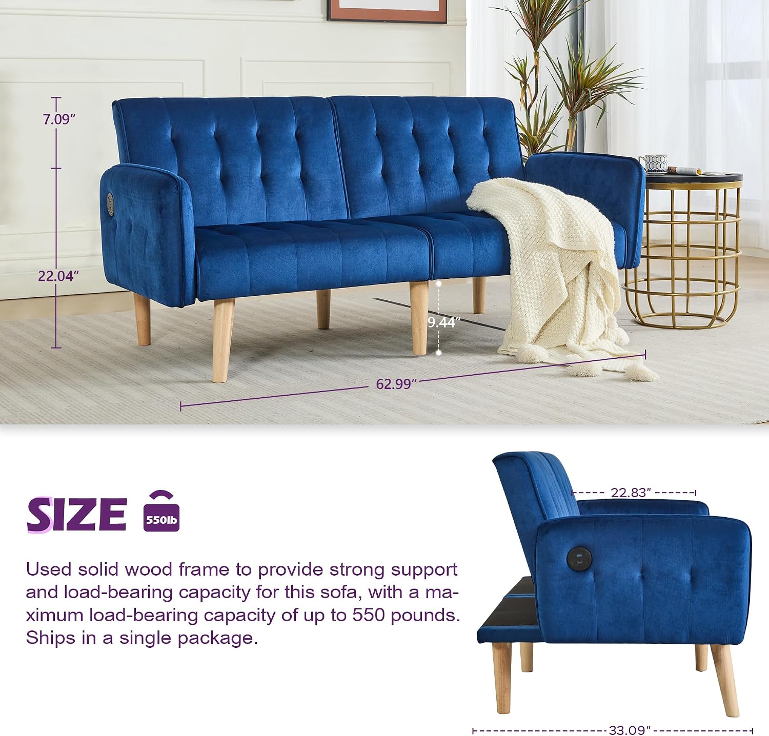 TYBOATLE 65'' Convertible Futon Sofa Bed with USB, Small Couch for Living Room
