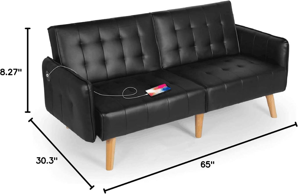 TYBOATLE 65'' Convertible Futon Sofa Bed with USB, Small Couch for Living Room