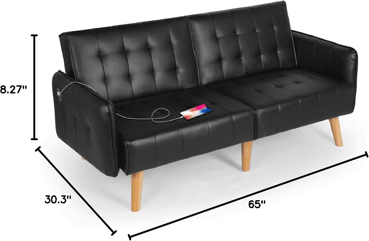 TYBOATLE 65'' Convertible Futon Sofa Bed with USB, Small Couch for Living Room