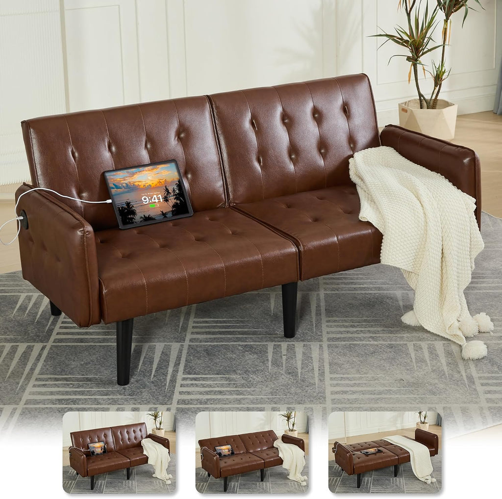 TYBOATLE 65'' Convertible Futon Sofa Bed with USB, Small Couch for Living Room