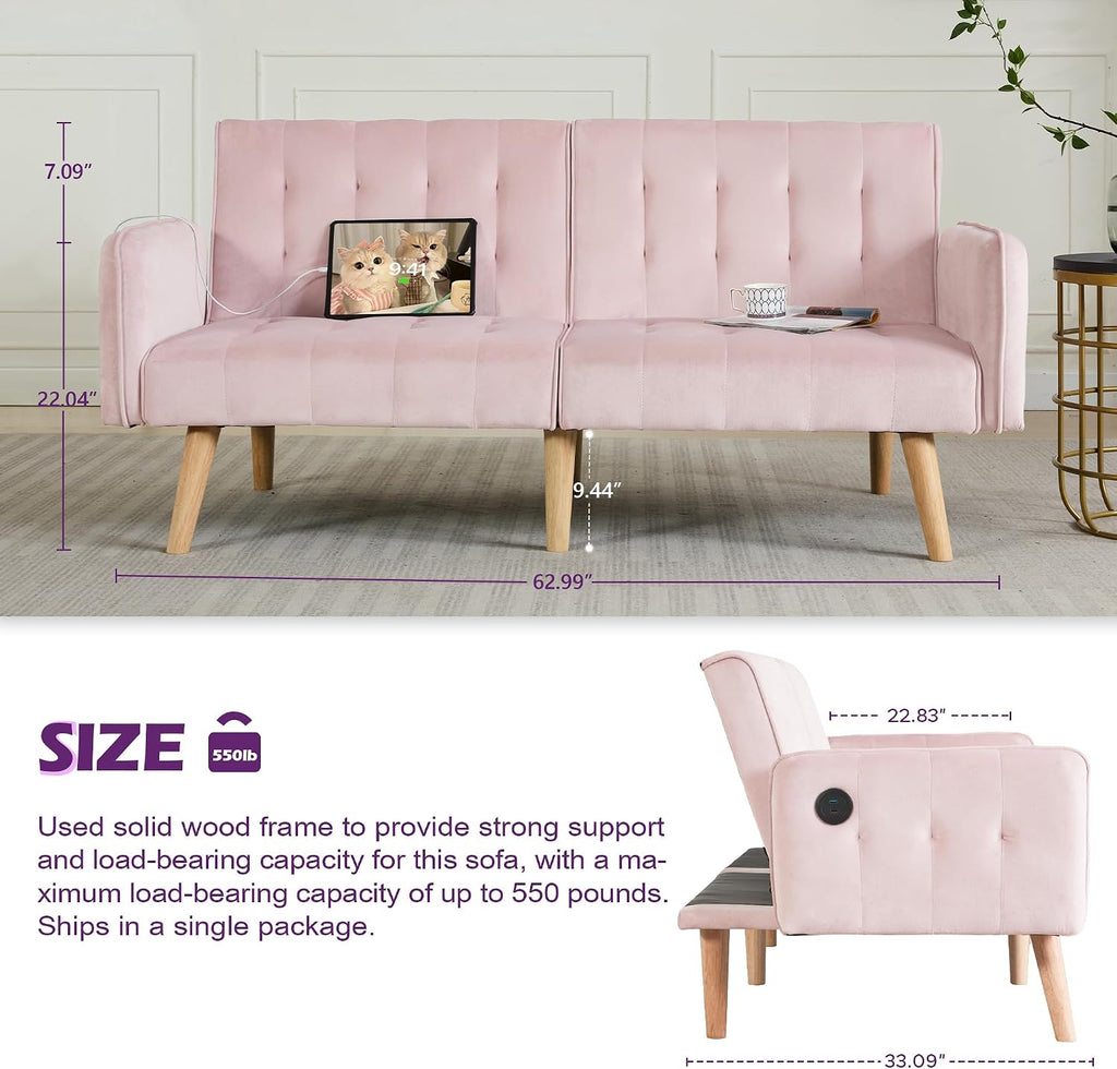 TYBOATLE 65'' Convertible Futon Sofa Bed with USB, Small Couch for Living Room