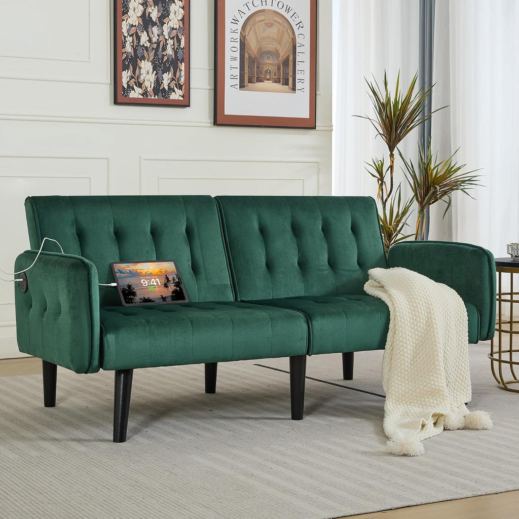 TYBOATLE 65'' Convertible Futon Sofa Bed with USB, Small Couch for Living Room