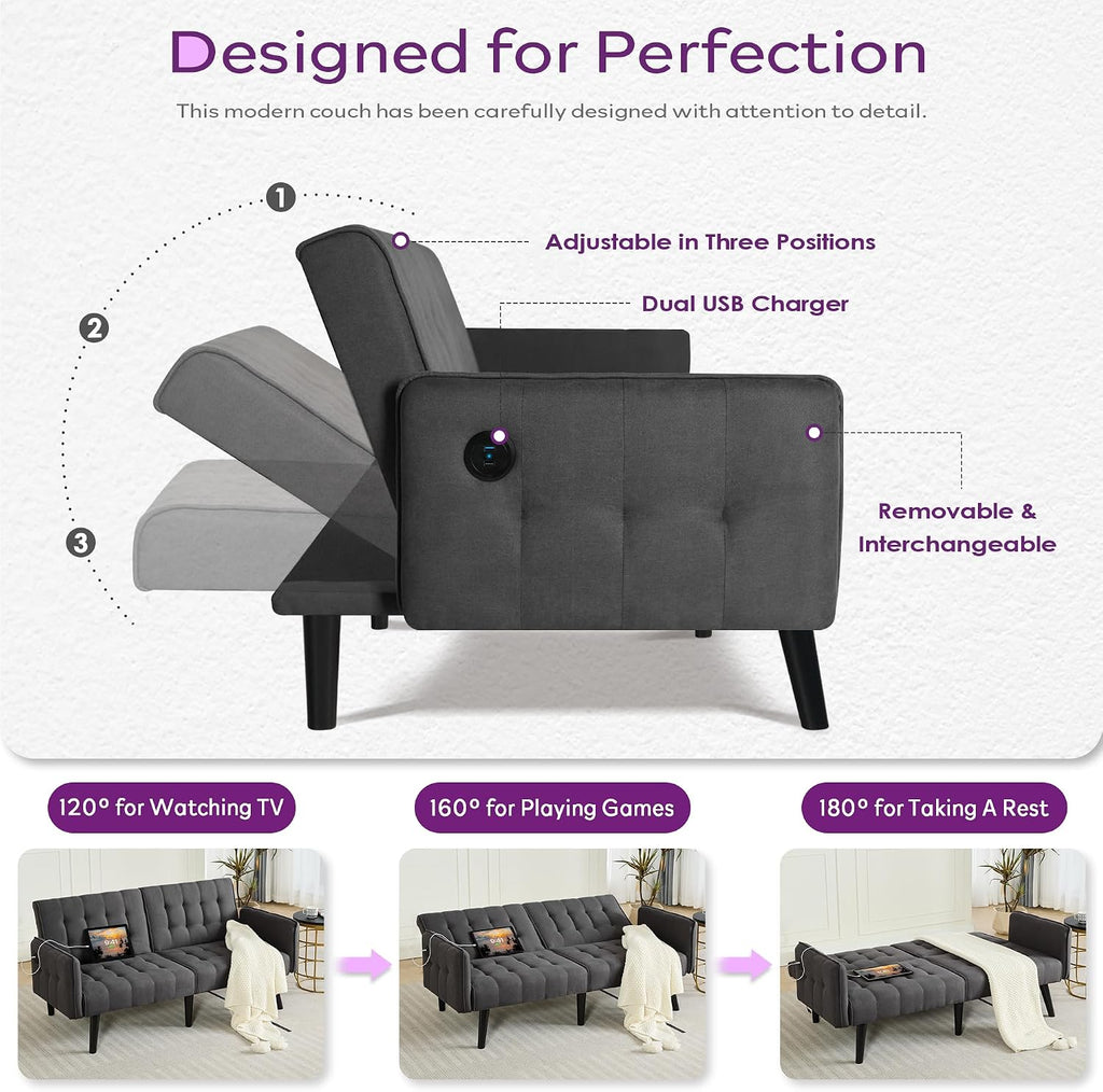 TYBOATLE 65'' Convertible Futon Sofa Bed with USB, Small Couch for Living Room