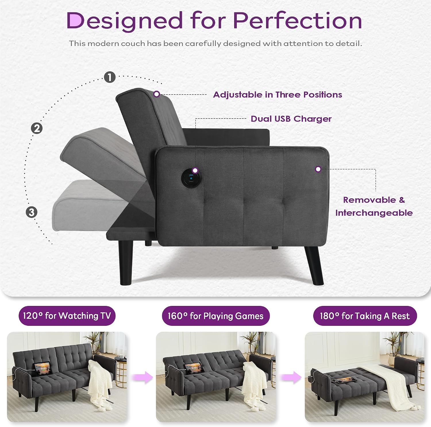 TYBOATLE 65'' Convertible Futon Sofa Bed with USB, Small Couch for Living Room