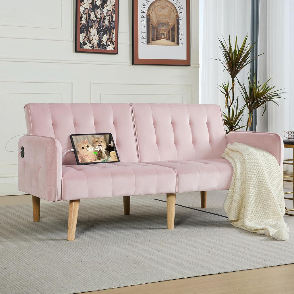 TYBOATLE 65'' Convertible Futon Sofa Bed with USB, Small Couch for Living Room