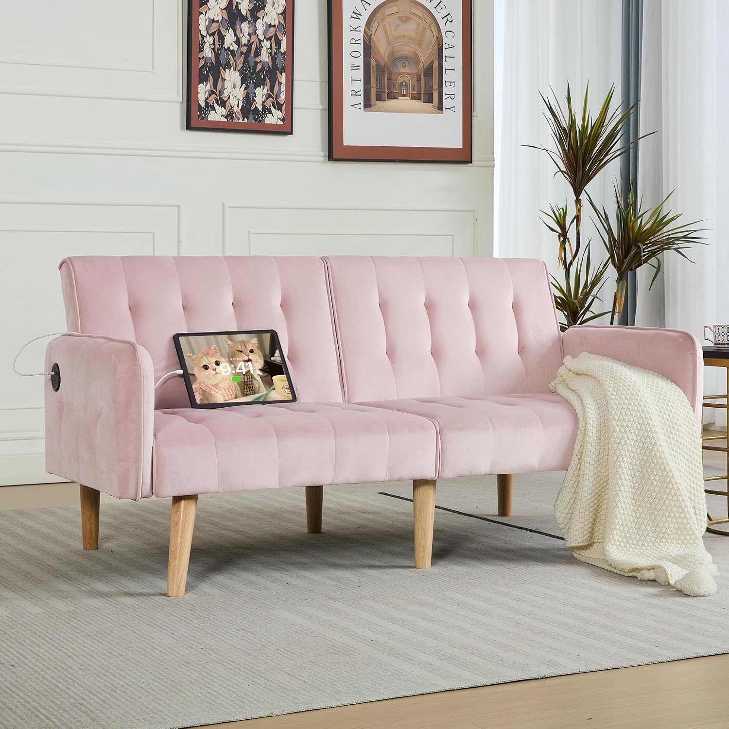 TYBOATLE 65'' Convertible Futon Sofa Bed with USB, Small Couch for Living Room