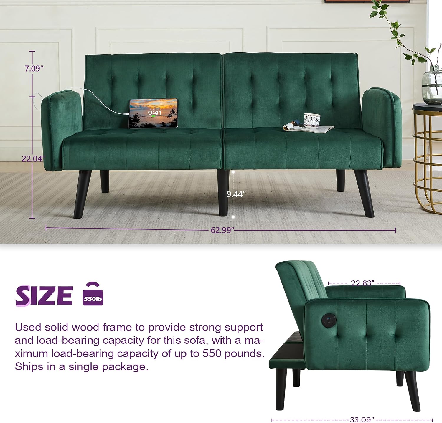 TYBOATLE 65'' Convertible Futon Sofa Bed with USB, Small Couch for Living Room