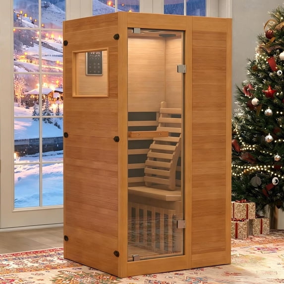 LAZZO 1-Person Infrared Sauna, Full Spectrum Indoor Dry Sauna with Carbon Heaters, Red Light, Bluetooth and 8-Color Chromotherapy, 950W 110V