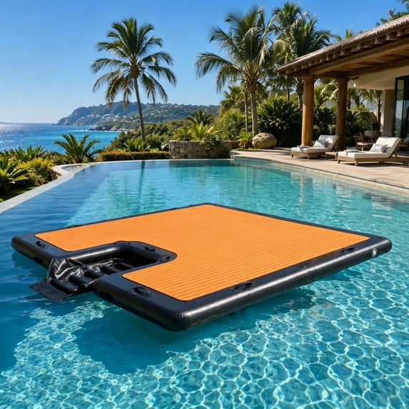 LAZZO 10 x 10 FT Inflatable Floating Dock, Anti-Slip EVA Foam Platform with Dog Ramp & Air Pump for Pool and Lake