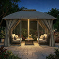 LAZZO 10'x12' Outdoor Gazebo with Built-in LED Light, Double Roof Metal Frame Patio Canopy with Mosquito Netting & Privacy Screens, Gray